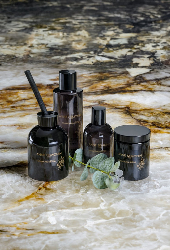Diffuser, Candle, Spray Mémoires d'été Anne Semonin on a marble tray